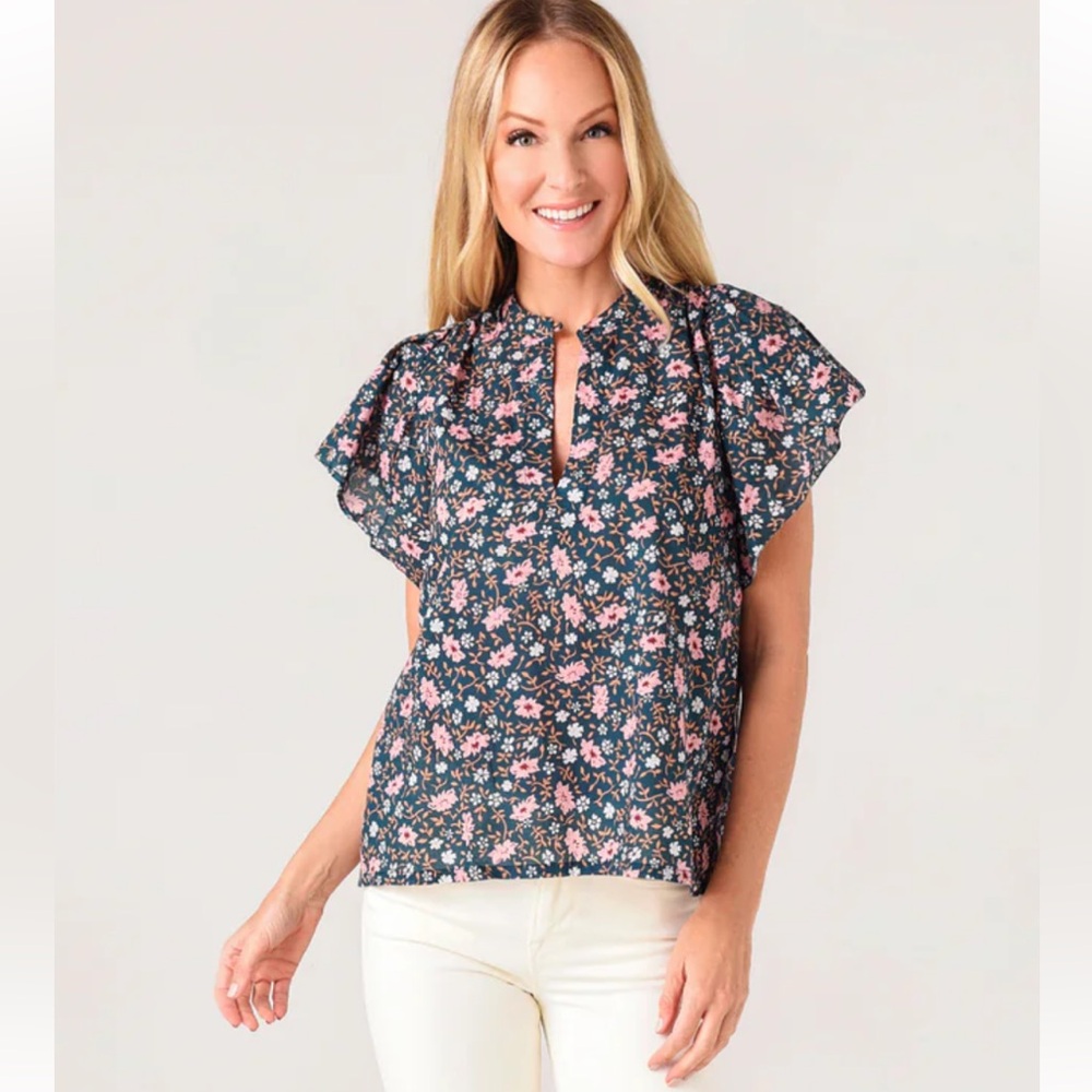 Trovata Birds of Paradis Brett Bohemian Tea Floral flutter Blouse Pink Green XS - Picture 6 of 10